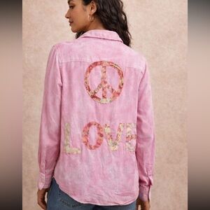 The Nu Vintage Pink Button Down Shirt Peace Love Graphic Back NWT Size M